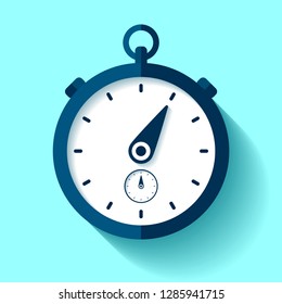 Stopwatch icon in flat style, round timer on color background. Sport clock. Vector design element for you business project