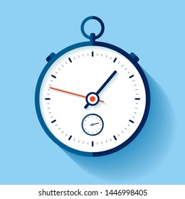 Stopwatch icon in flat style, round timer on color background. Sport clock. Time tool. Vector design element for you business project