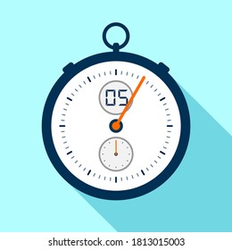 Stopwatch icon in flat style, round timer on color background. Sport clock. Chronometer. Time tool. Vector design element for you business project