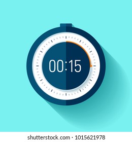 Stopwatch icon in flat style, timer on blue background. Sport clock. Vector design element for you project