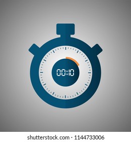 Stopwatch icon in flat style, timer on blue background. Sport clock. Vector design element for you project. Stopwatch 10 seconds. Vector illustration EPS 10.