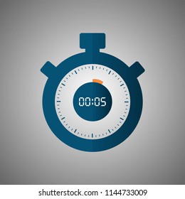 Stopwatch icon in flat style, timer on blue background. Sport clock. Vector design element for you project. Stopwatch 5 seconds. Vector illustration EPS 10.