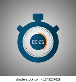 Stopwatch icon in flat style, timer on blue background. Sport clock. Vector design element for you project. Stopwatch 25 seconds. Vector illustration EPS 10.