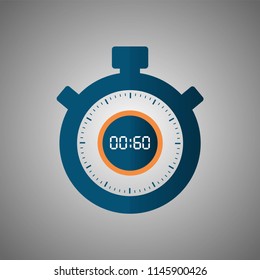 Stopwatch icon in flat style, timer on gray background. Sport clock. Vector design element for you project. Stopwatch 60 seconds. Vector illustration EPS 10.