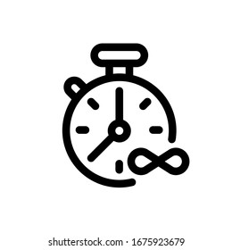 Icono de Stopwatch con un icono de infinito. Iconos vectoriales en un fondo blanco. Icono lineal de moda. Icono para sitio web e impresión. Logo, emblema, símbolo. Elemento de interfaz.