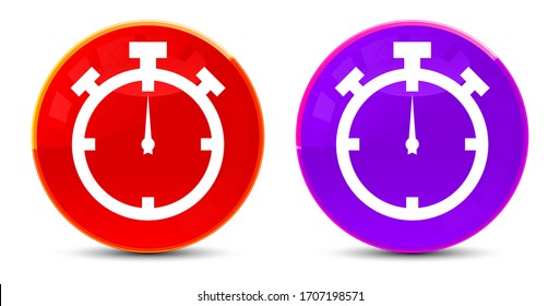 Stoppen Sie das Uhrensymbol einzeln auf glänzenden, runden Schaltflächen-Illustrationen
