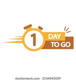Icono de cronómetro con el número 1. Reloj de cuenta regresiva con el texto One Day to Go. Diseño amarillo atrevido.