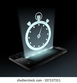 Stopwatch icon on the screen a smartphone. Hologram. Stock vector illustration.