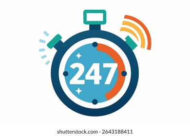 Stopwatch icon representing 24 per 7 service. Vector illustration for round-the-clock support, open 24 hours a day, 7 days a week. Ideal for customer service, support, and availability concepts.