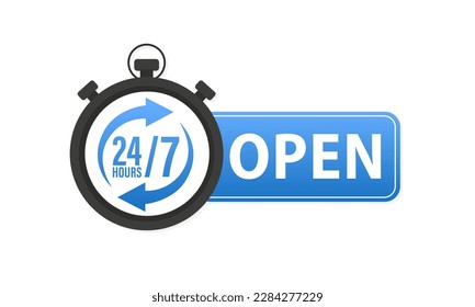 Stopwatch icon, service 24 7. 24-7 open concept vector illustration. 24 hour service icon. open 24 7. 24 hours a day and 7 days a week. . Support service. Lock logo tag icon. Vector illustration