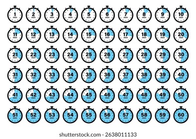 Stopwatch icon set from 1 to 60 minute timer countdown in blue color. Vector