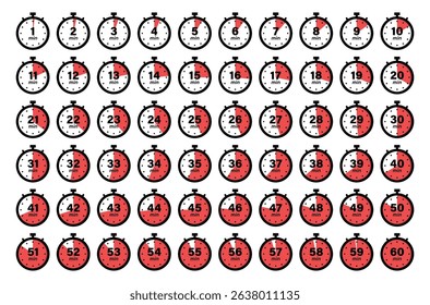 Stopwatch icon set from 1 to 60 minute timer countdown in red color. Vector