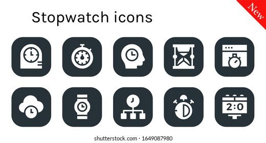 stopwatch icon set. 10 filled stopwatch icons.  Simple modern icons such as: Clocks, Stopwatch, Time, Hourglass, Chronometer, Wristwatch, Stop watch, Scoreboard