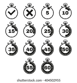 The stopwatch icon, set of 14 icons. Clock and watch, timer, countdown symbol. UI. Web. Logo. Sign. Flat design. App. Stock vector