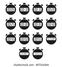 The stopwatch icon, set of 14 icons. Clock and watch, timer, countdown symbol. UI. Web. Logo. Sign. Flat design. App. Stock vector
