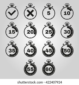 The stopwatch icon, set of 14 icons. Clock and watch, timer, countdown symbol. UI. Web. Logo. Sign. Flat design. App. Stock vector
