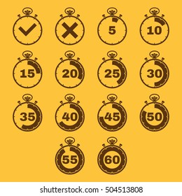 The stopwatch icon, set of 14 icons. Clock and watch, timer, countdown, stopwatch symbol. UI. Web. Logo. Sign. Flat design. App. Stock vector