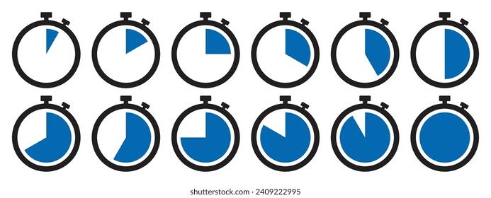 Stoppen Sie die Uhr Symbol in blauer Farbe gesetzt. Stoppen Sie das Uhrensymbol-Set. Sammlung von Timer-Symbol in blauer Farbe auf weißem Hintergrund. Countdown-Uhr Stoppuhr, Timer-Vektorgrafik. 