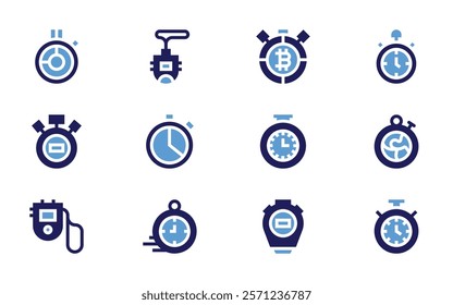 Stopwatch icon set. Bold style. Duotone colors. stopwatch, timer, chronometer, performance.