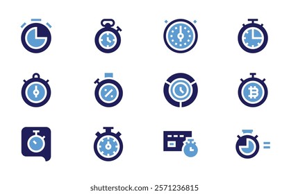 Stopwatch icon set. Bold style. Duotone colors. timing, stopwatch, timer, piechart, chronometer, bitcoin, threequarters.