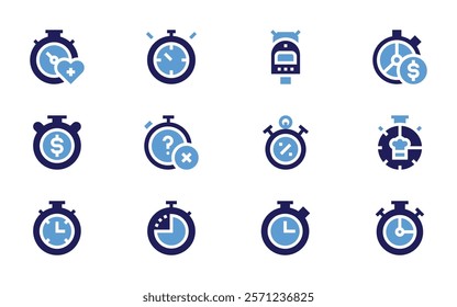 Stopwatch icon set. Bold style. Duotone colors. stopwatch, timeismoney, chronometer, clock, time, timer, cookingtime.