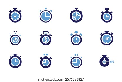 Stopwatch icon set. Bold style. Duotone colors. stopwatch, timer, chronometer, efficiency.