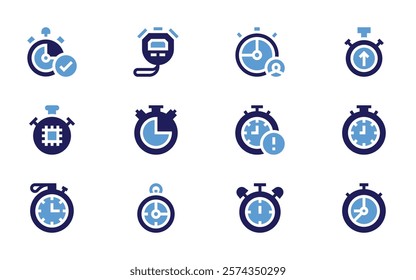 Stopwatch icon set. Bold style. Duotone colors. stopwatch, chronometer, overdue, timer, process.