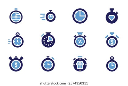 Stopwatch icon set. Bold style. Duotone colors. stopwatch, deadline, clock, chronometer, timer, limited, fasttime, countdown, time.