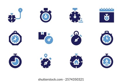 Stopwatch icon set. Bold style. Duotone colors. stopwatch, chronometer, calendar, deadline, deliverytime, clock, timer, location, paceclock.