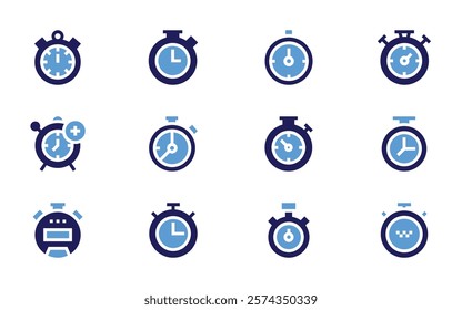 Stopwatch icon set. Bold style. Duotone colors. stopwatch, chronometer, clocks, timer, alarm.