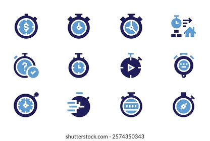 Stopwatch icon set. Bold style. Duotone colors. stopwatch, start, timer, process, chronometer.