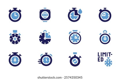 Stopwatch icon set. Bold style. Duotone colors. stopwatch, quickdry, yinyang, chronometer, limited, clock, time.