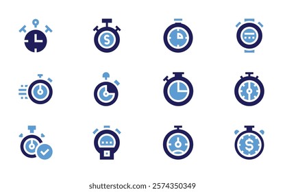 Stopwatch icon set. Bold style. Duotone colors. stopwatch, chronometer, minutes, timemanagement.