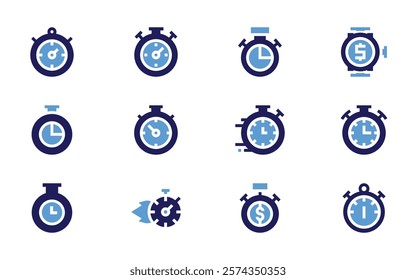 Stopwatch icon set. Bold style. Duotone colors. stopwatch, time, chronometer, timer, clock, comingsoon.