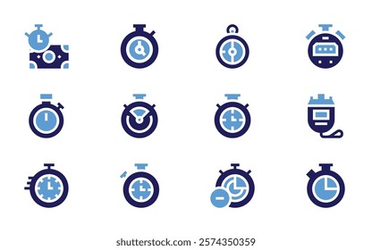 Stopwatch icon set. Bold style. Duotone colors. stopwatch, time, chronometer, alarms.