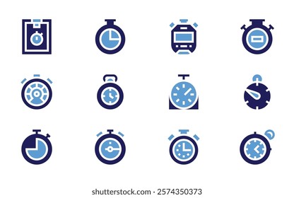 Stopwatch icon set. Bold style. Duotone colors. stopwatch, chronometer, performance, clipboard, timer.