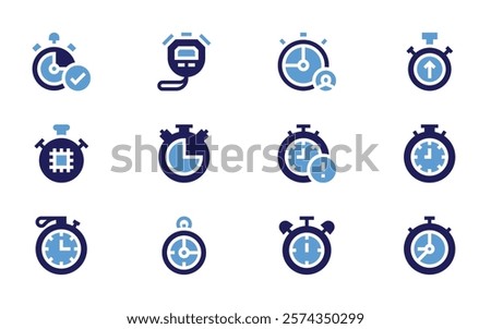 Stopwatch icon set. Bold style. Duotone colors. stopwatch, chronometer, overdue, timer, process.