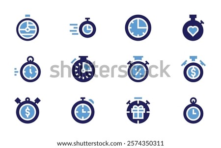 Stopwatch icon set. Bold style. Duotone colors. stopwatch, deadline, clock, chronometer, timer, limited, fasttime, countdown, time.