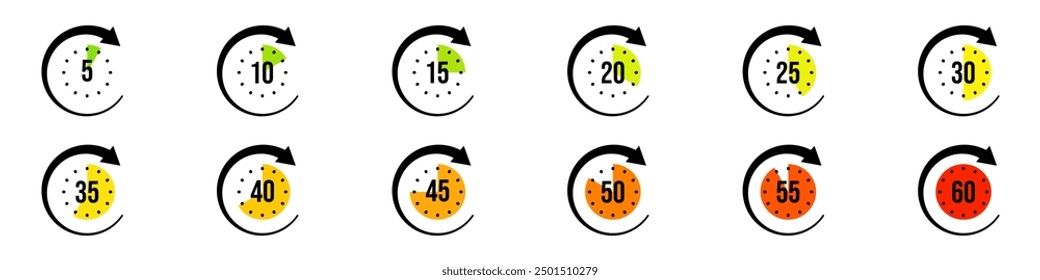Stoppuhr-Symbolsatz. Uhrzeigersinn.