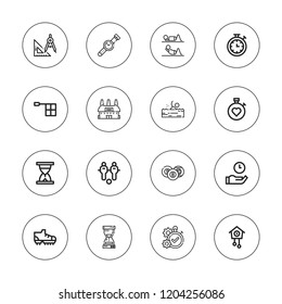 Stopwatch icon set. collection of 16 outline stopwatch icons with billiard, cuckoo clock, football shoes, football, fitness, hourglass, measure, offside, sand clock icons.