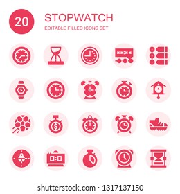 stopwatch icon set. Collection of 20 filled stopwatch icons included Clock, Hourglass, Deadline, Timeline, Watch, Alarm clock, Stopwatch, Cuckoo clock, Football, Time, Timer, Football shoes