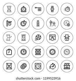 Stopwatch icon set. collection of 25 outline stopwatch icons with billiards, clock, clocks, chronometer, football, fitness, hourglass, offside, stadium icons. editable icons.