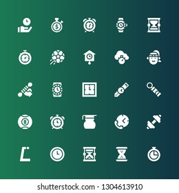 stopwatch icon set. Collection of 25 filled stopwatch icons included Chronometer, Hourglass, Time, Gym, Fitness, Measuring glass, Alarm clock, Billiard, Training whistle, Wristwatch