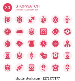 stopwatch icon set. Collection of 30 filled stopwatch icons included Clock, Stopwatch, Fitness, Chronometer, Gym, Clocks, Time, Measuring glass, Hourglass, Timer, Wristwatch, Watches