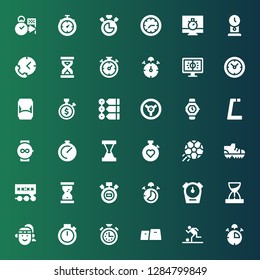 stopwatch icon set. Collection of 36 filled stopwatch icons included Stop watch, Football, Gym, Stopwatch, Chronometer, Athlete, Hourglass, Deadline, Football shoes, Watch, Racing