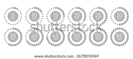 Stopwatch icon set. Countdown 5,10,15,20,25,30,35,40,45,50,55 minutes. Timer icons. Modern minimal design. Delivery cooking baking time indicator. 