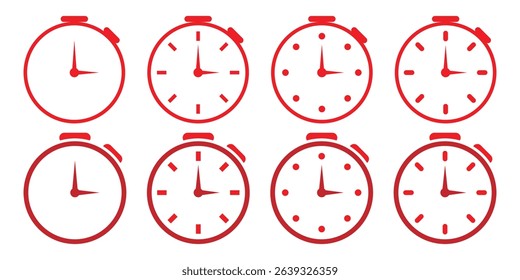 Stopwatch icon set. Countdown timer symbol. Alarm pictogram. Stopwatch collection.
