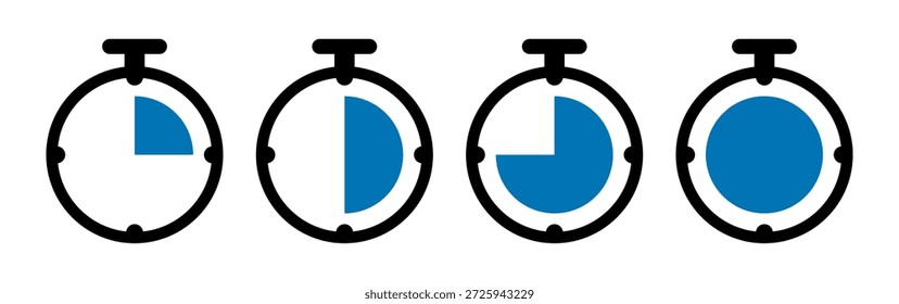 Ícone de cronômetro. Conjunto de ícones planos pretos isolados sobre fundo branco.