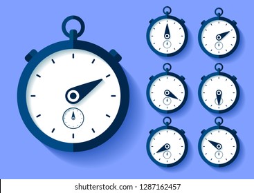 Stopwatch icon set in flat style, round timer on color background. Sport clock. Time tool. Vector design element for you business project