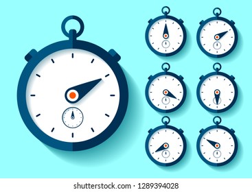 Stopwatch icon set in flat style, round timer on color background. Sport clock. Time tool. Vector design element for you business project